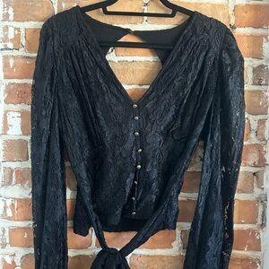 Anthropologie Black Lace Button-Down Blouse
